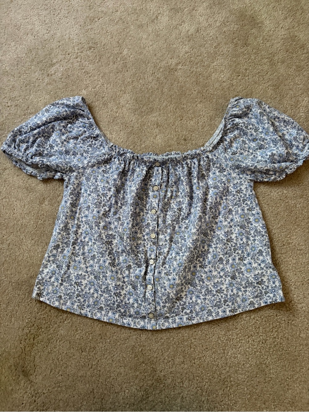 American Eagle Outfitters Blue Floral Off-Shoulder Button-Up Top